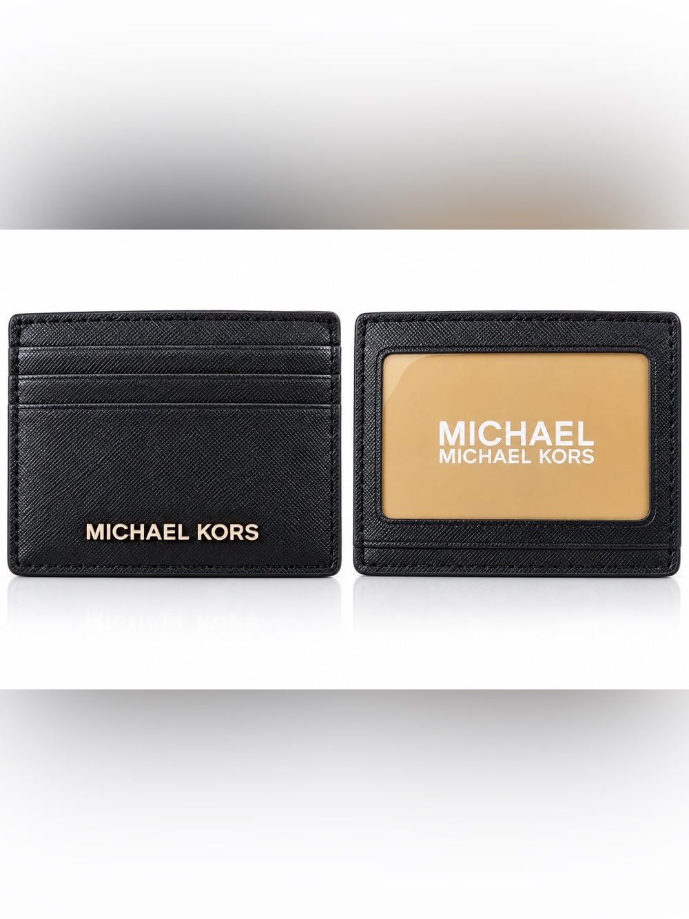 Michael Kors Jet Set Black Saffiano Leather Card Holder ID Wallet Gold Logo